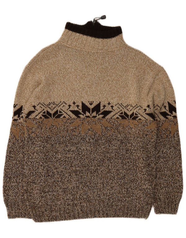 Pulover vintage pentru bărbați cu fermoar și gât, maro mediu, acrilic Fair Isle