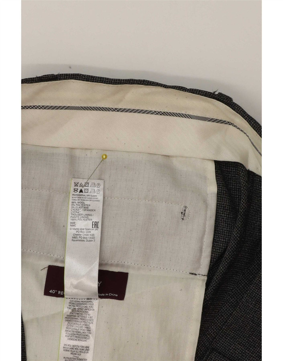 Pantaloni de costum conici pentru bărbați Marks & Spencer L40 L31 Gri Lână Classic