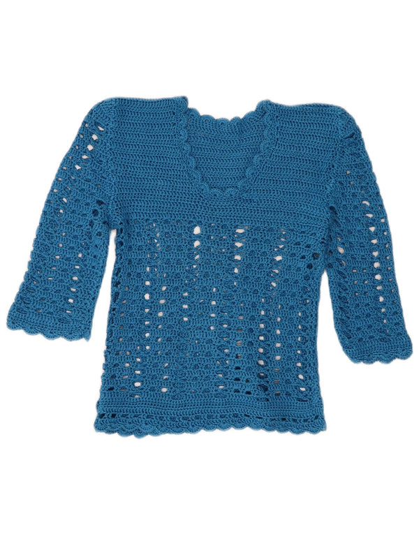 Top croșetat vintage pentru femei cu mâneci 3/4 UK 4 XS albastru