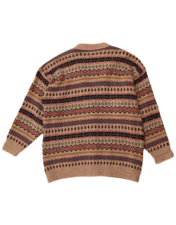 Pulover cardigan pentru femei VINTAGE UK 14 Lână Fair Isle maro mare