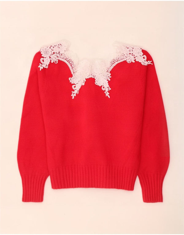 Pulover vintage pentru femei cu gât de barcă UK 14 Medium Red Floral Acrilic