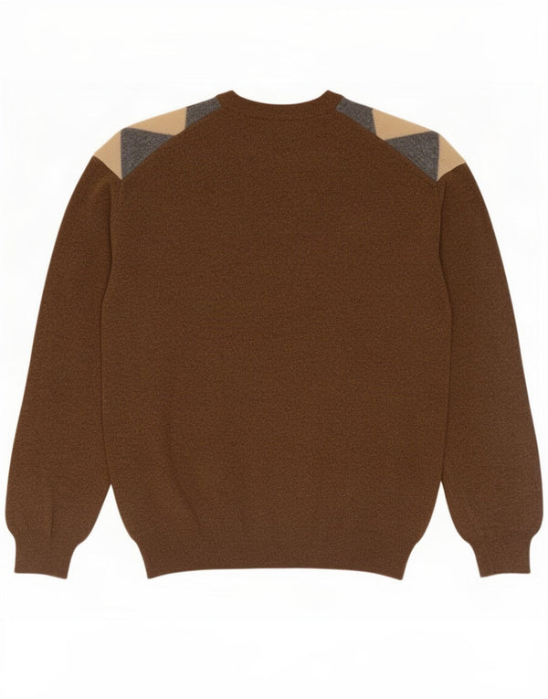 Pulover Benetton pentru bărbați cu gât roșu XL maro din lână Argyle/Diamond