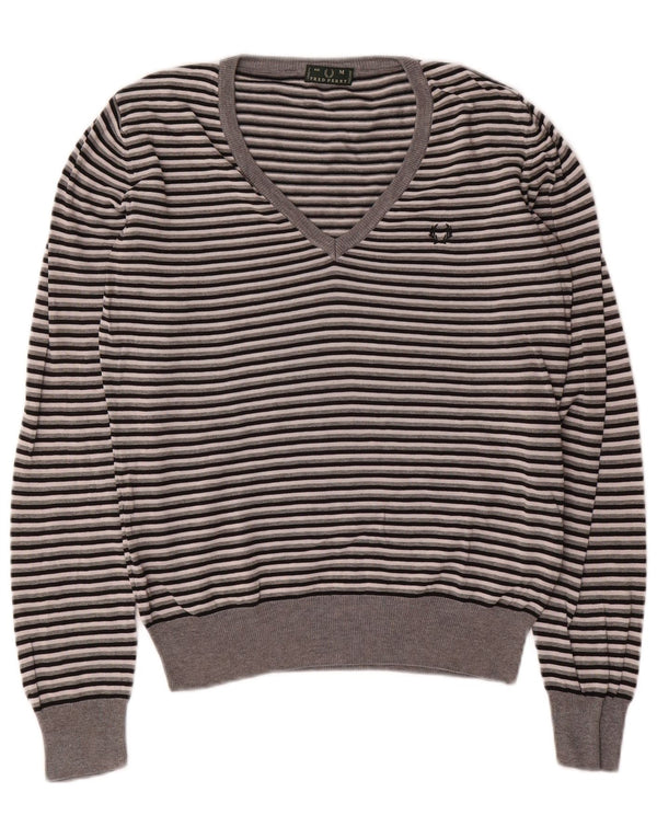 Pulover cu decolteu în V Fred Perry pentru femei UK 14, bumbac cu dungi gri mediu
