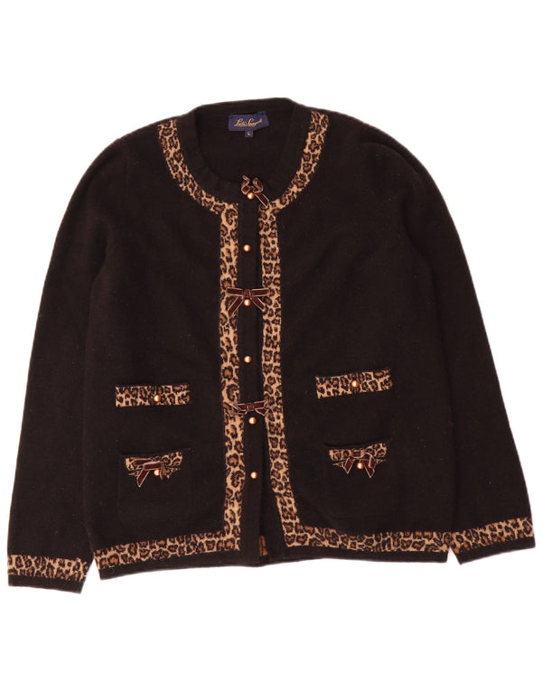 LUISA SPAGNOLI Pulover cardigan pentru femei UK 16 Lână mare neagră cu imprimeu animal