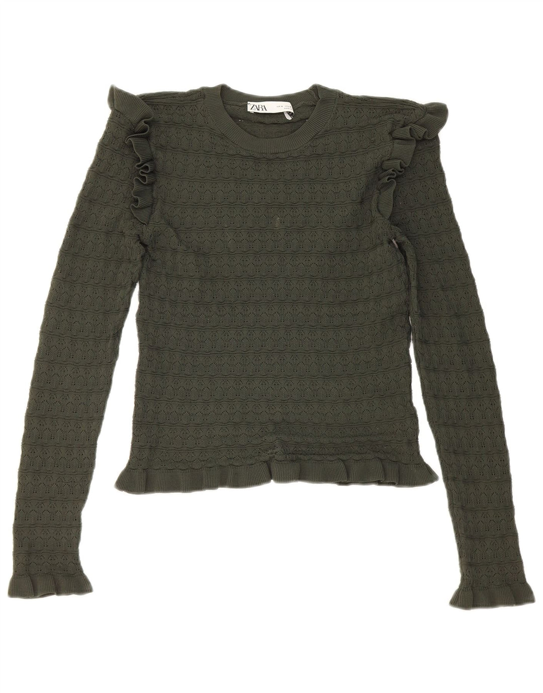 Top cu mânecă lungă pentru femei Zara Crop Ruffle Front UK 8 Mic Kaki Poliester
