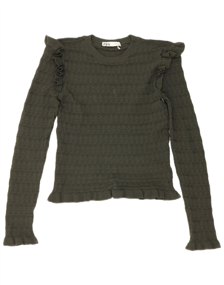 Top cu mânecă lungă pentru femei Zara Crop Ruffle Front UK 8 Mic Kaki Poliester