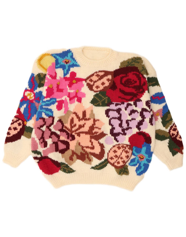Pulover vintage pentru femei cu decolteu rotund, UK 18 XL, alb, cu flori