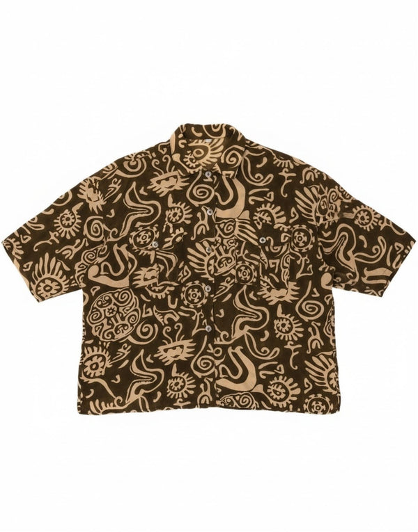 Bluză de cămașă vintage supradimensionată pentru femei cu model abstract UK 14 Medium Khaki