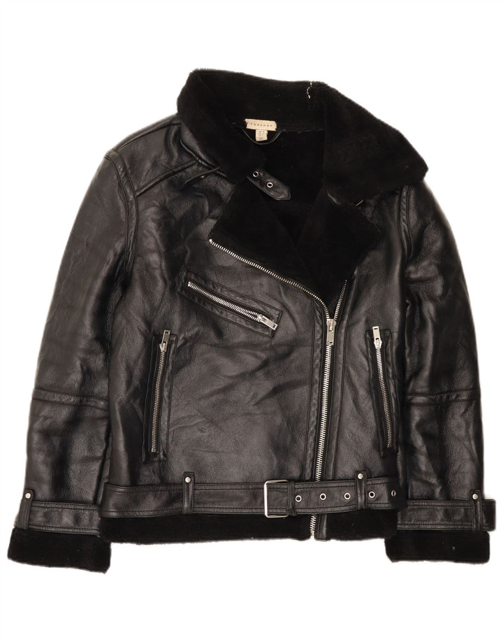 Topshop Jachetă pentru motociclist Sherpa supradimensionată pentru femei UK 10 Poliuretan negru mic