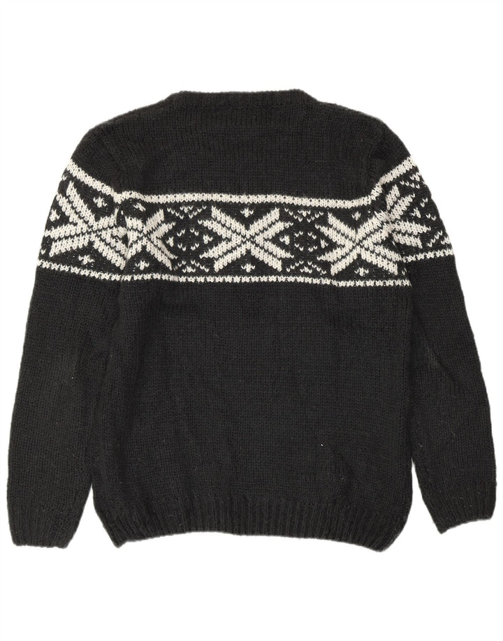 VINTAGE Pulover cu gât roșu pentru femei UK 16 Lână Fair Isle mare neagră