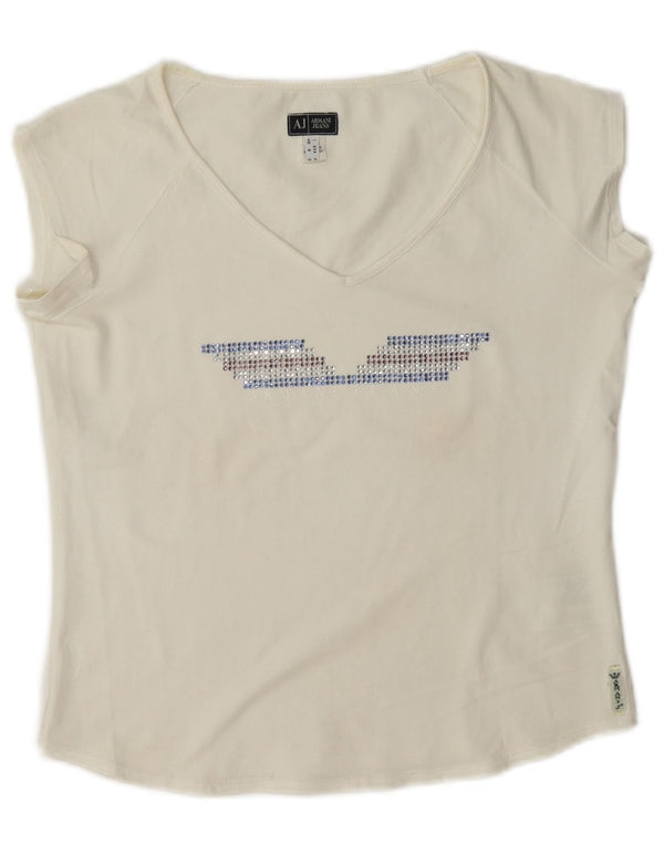 Armani Jeans Tricou cu grafic crop pentru femei Top UK 10 Bumbac alb mic