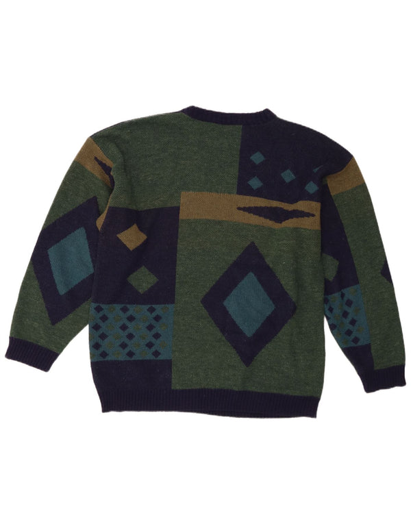 Pulover vintage pentru bărbați cu decolteu triplu, verde mediu geometric