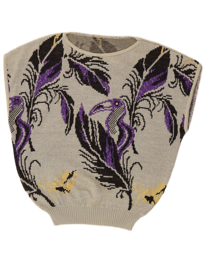 Pulover de damă VINTAGE, fără mâneci, cu gât de barcă, UK 14, mare, gri, floral