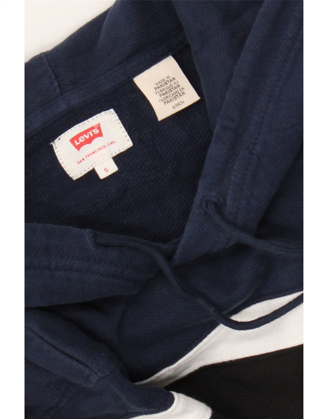 LEVI'S Mens Graphic Hoodie Jumper Small Navy Blue Colourblock Vintage Levi's and Second-Hand Levi's from Messina Hembry 