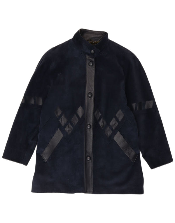 Pardesiu supradimensionat din piele intoarsa pentru femei Vintage UK 14 Medium Bleumarin Geometric