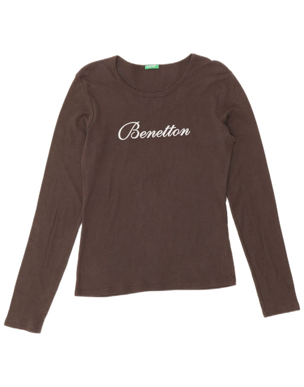 Benetton Top grafic pentru femei cu mânecă lungă UK 12, mare, maro, bumbac