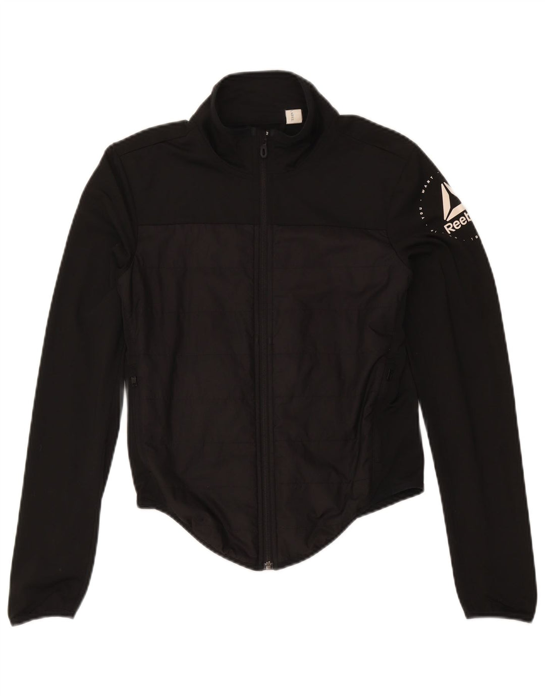 Jachetă de top pentru trening grafic Reebok pentru femei UK 8/10 Poliester negru mic