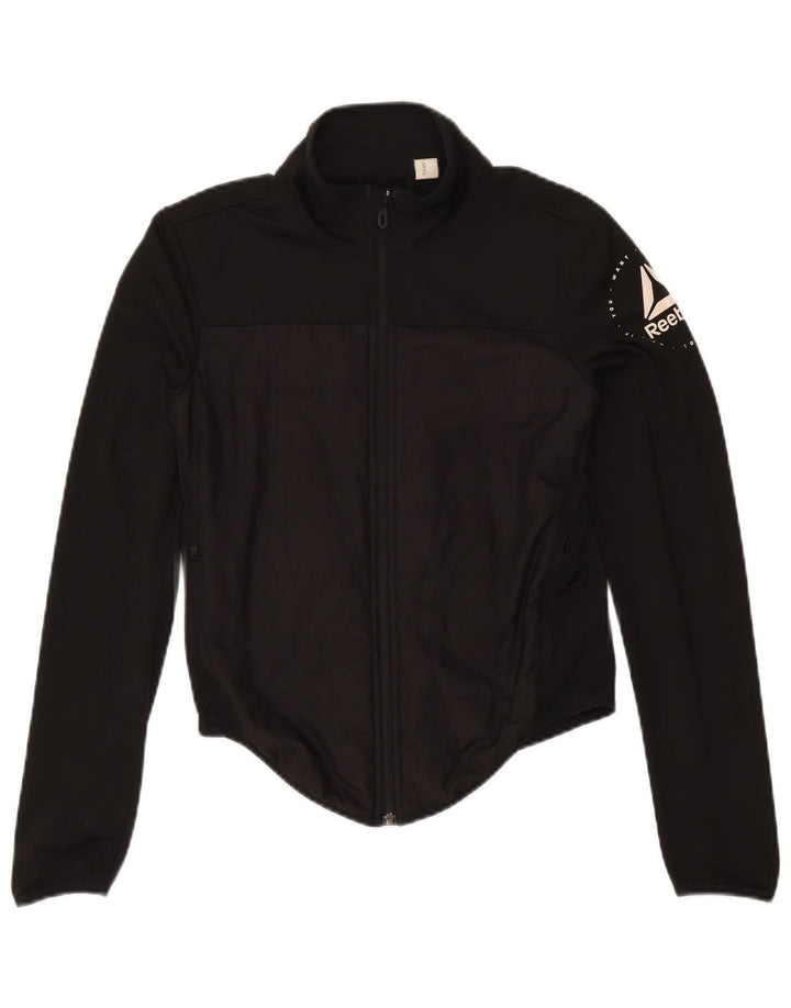 Jachetă de top pentru trening grafic Reebok pentru femei UK 8/10 Poliester negru mic