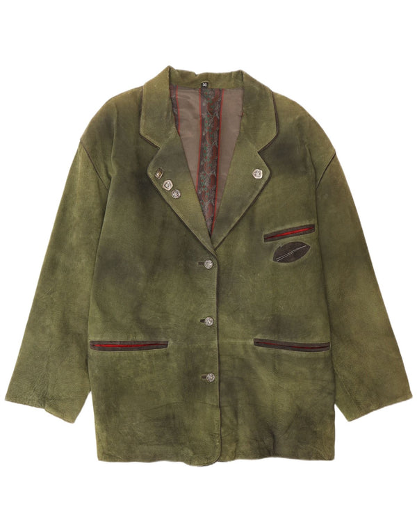 Blazer Vintage pentru femei cu 3 nasturi din piele intoarsa EU 50 3XL din piele verde