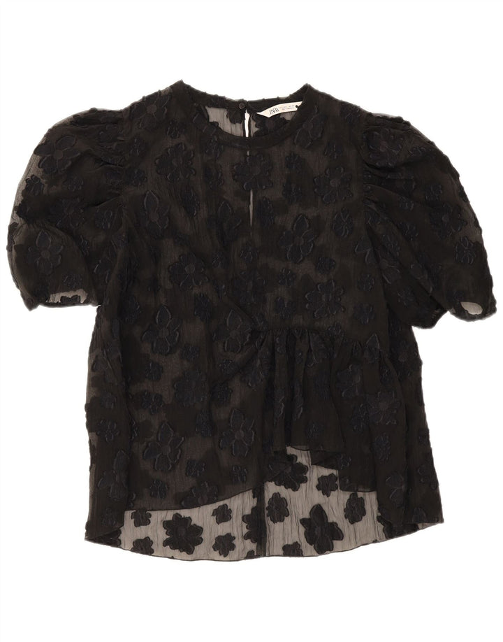 Zara Womens See Through Top UK 16 Large Black Floral