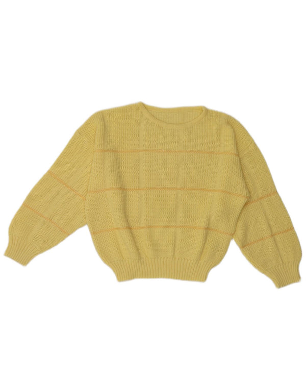 Pulover vintage pentru femei cu gât roșu, UK 12, acrilic cu dungi galbene medii