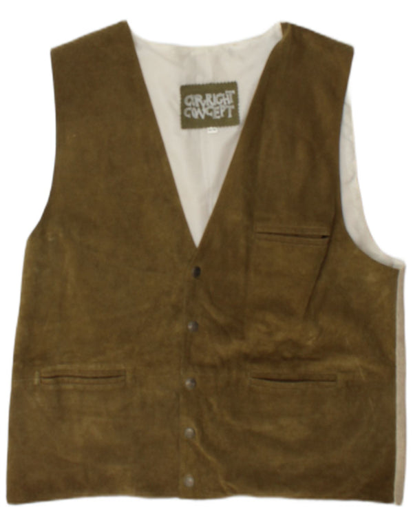 Vintage Mens Suede Waistcoat EU 48/50 Medium Khaki Colourblock Leather