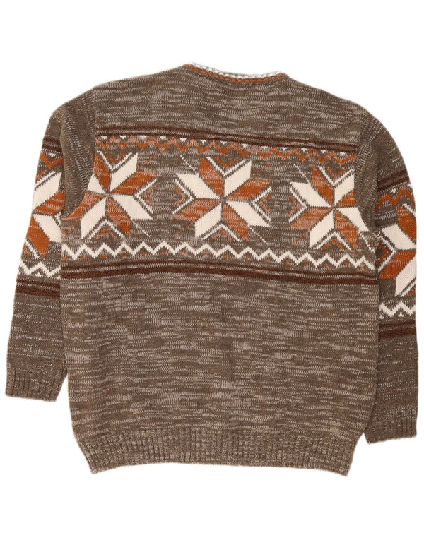 Pulover vintage pentru bărbați cu decolteu în V, mare, kaki, acrilic Fair Isle