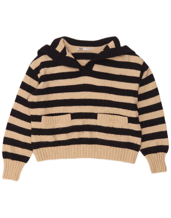 Pulover cu gât polo supradimensionat pentru femei Zara UK 10 mic, bej, cu dungi