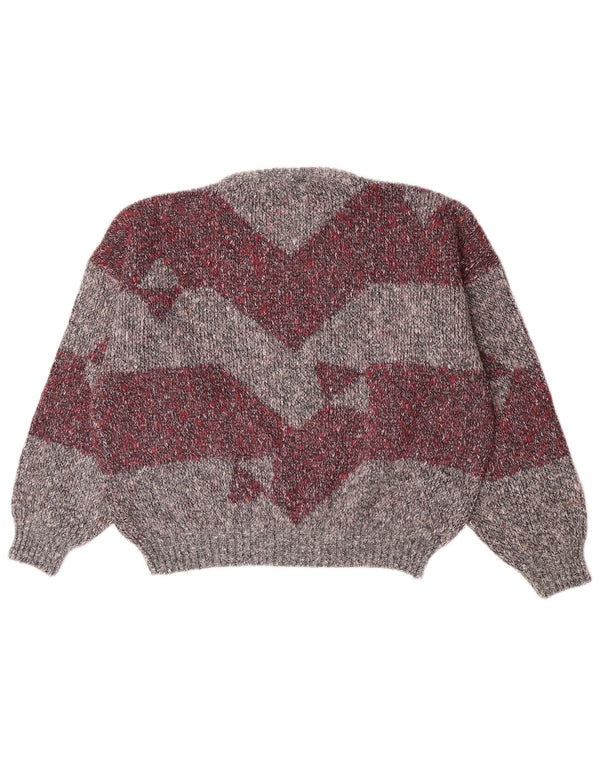 Pulover vintage pentru femei cu gât de barcă UK 14 Medium Gri Colorblock