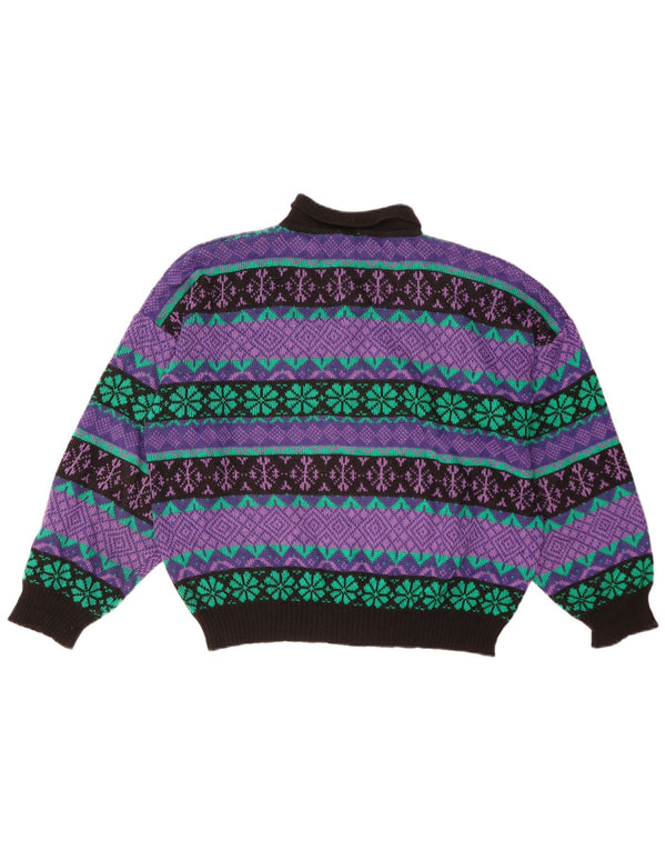 Pulover vintage pentru bărbați cu gât polo, XL, mov, acrilic Fair Isle