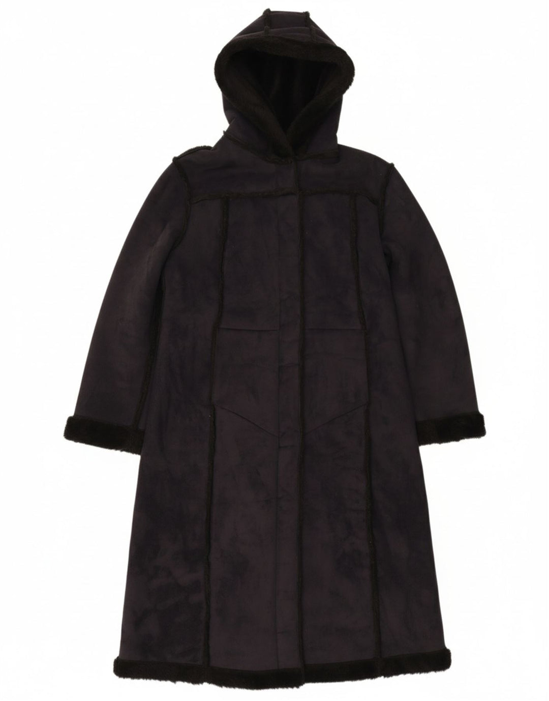PAUL BERMAN Womens Hooded Sherpa Overcoat UK 14 Medium Navy Blue Polyester