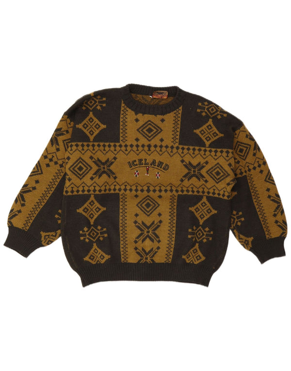 Iceland Mens Crew Neck Jumper Sweater Large Khaki Fair Isle