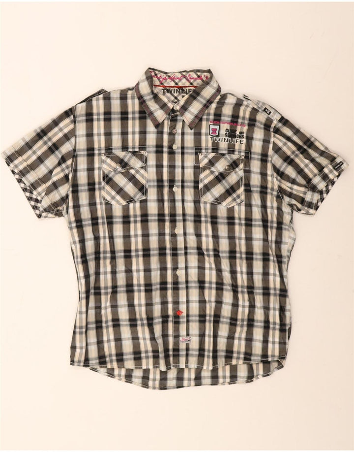 Cămașă vintage cu mânecă scurtă pentru bărbați, 2XL, bumbac cu carouri gri