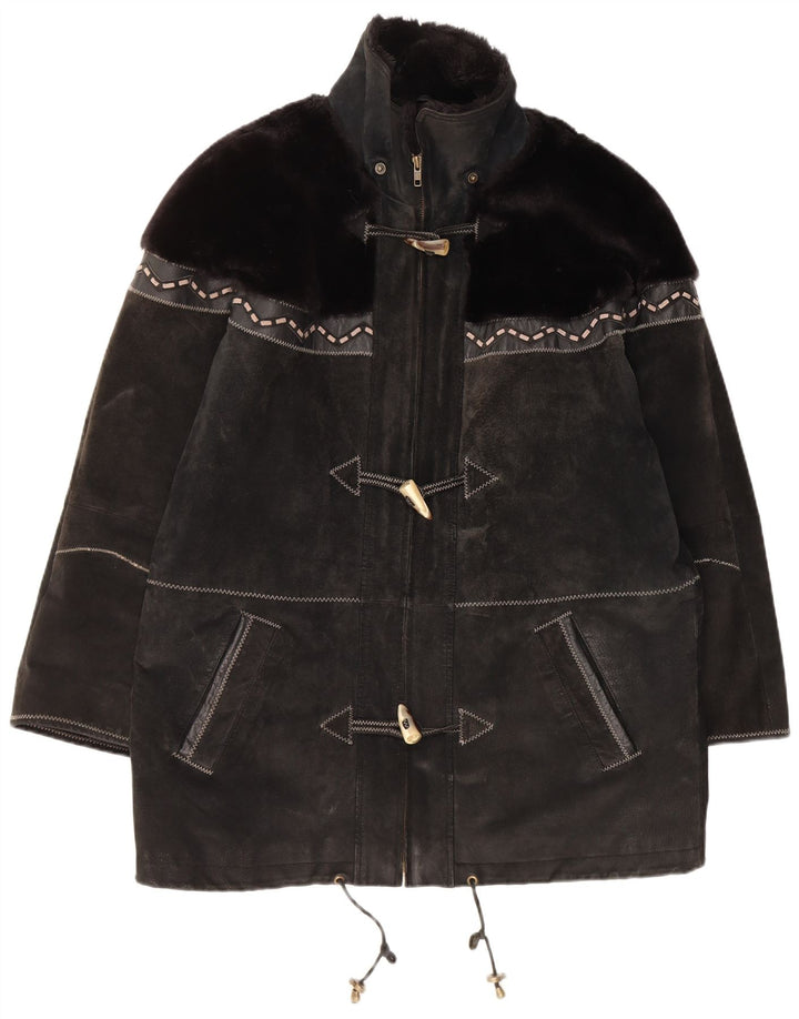 Palton supradimensionat din piele intoarsa pentru femei Yuppie UK 16 mare negru geometric