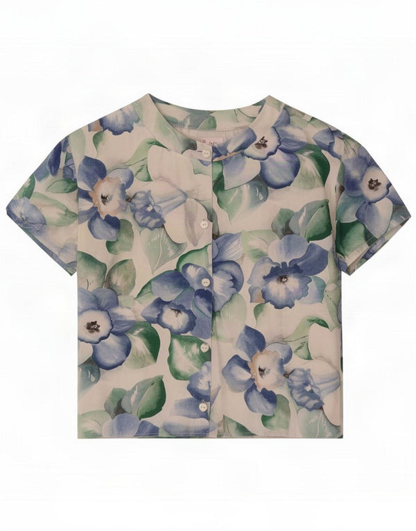 Bluză de epocă cămașă cu mânecă scurtă pentru femei EU 40 Medium Blue Floral