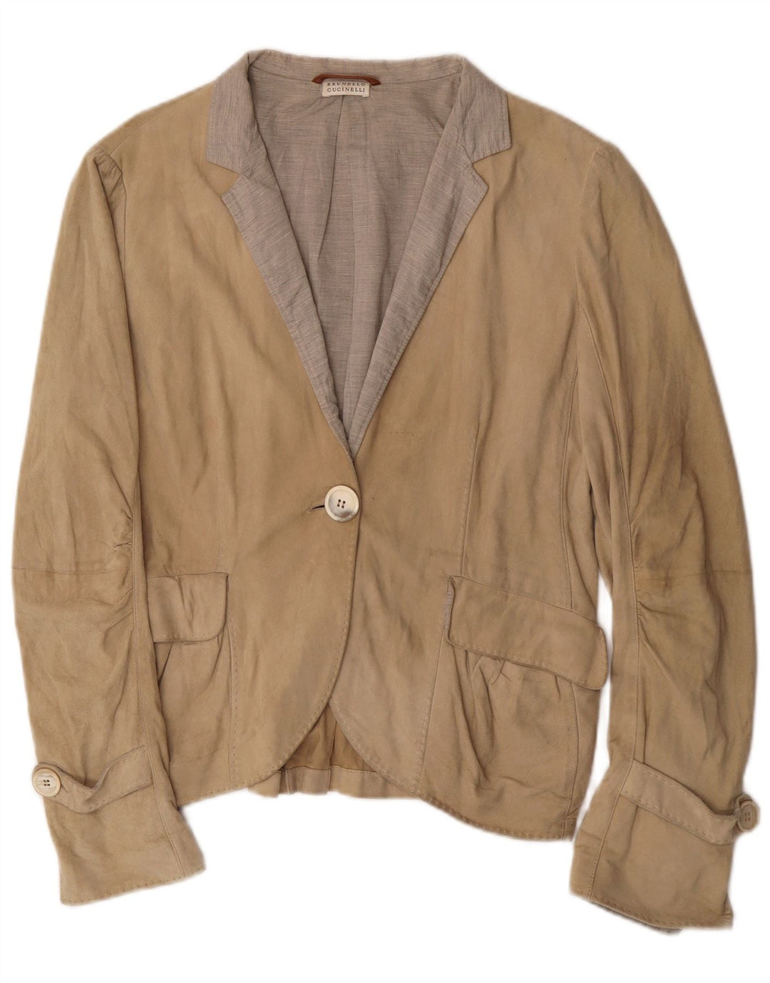 Brunello Cucinelli Jachetă Blazer pentru femei cu 1 nasture UK 12 Medium Bej Clasic