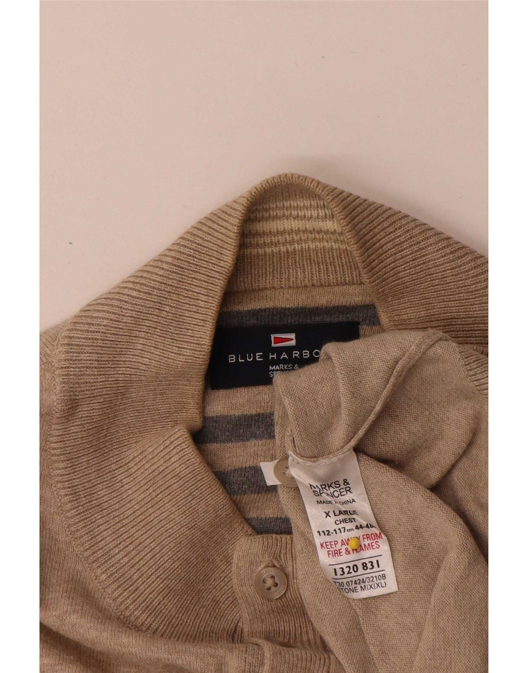 Pulover pentru bărbați Marks & Spencer, Blue Harbour, cu gât cu nasturi, XL, bej