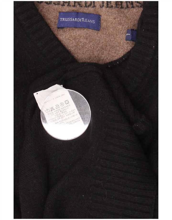 TRUSSARDI JEANS Pulover cu decolteu în V pentru bărbați din lână neagră mare