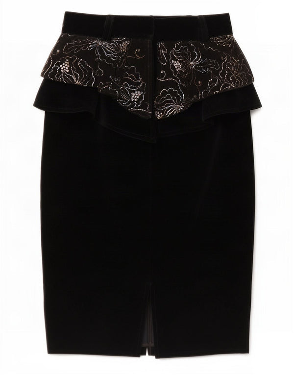 Fusta Vintage pentru femei din catifea peplum IT 44 Medium W26 Lână florală neagră