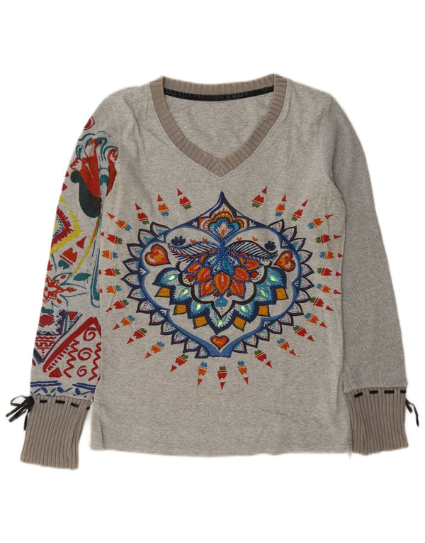 Top grafic pentru femei Desigual cu mânecă lungă UK 14, bumbac floral, gri mediu