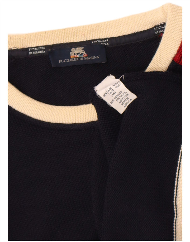 Pulover vintage pentru bărbați cu gâtul turnat, lână color block, albastru mic