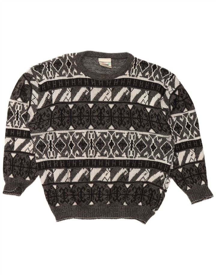 Pulover VINTAGE pentru bărbați, cu gât de barcă, XL, acrilic geometric, gri