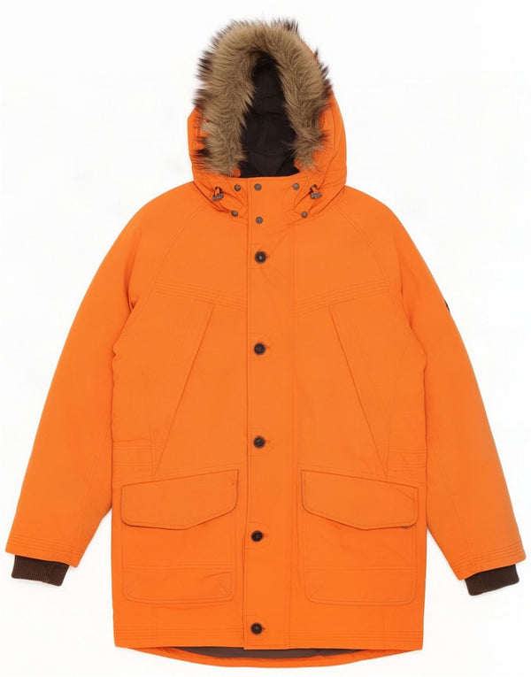 Timberland Mens Hooded Hooded Parka Jacket UK 40 Large Orange Bumbac