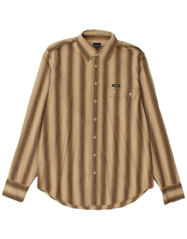 Calvin Klein Jeans Mens Flannel Shirt Medium Beige Striped Cotton