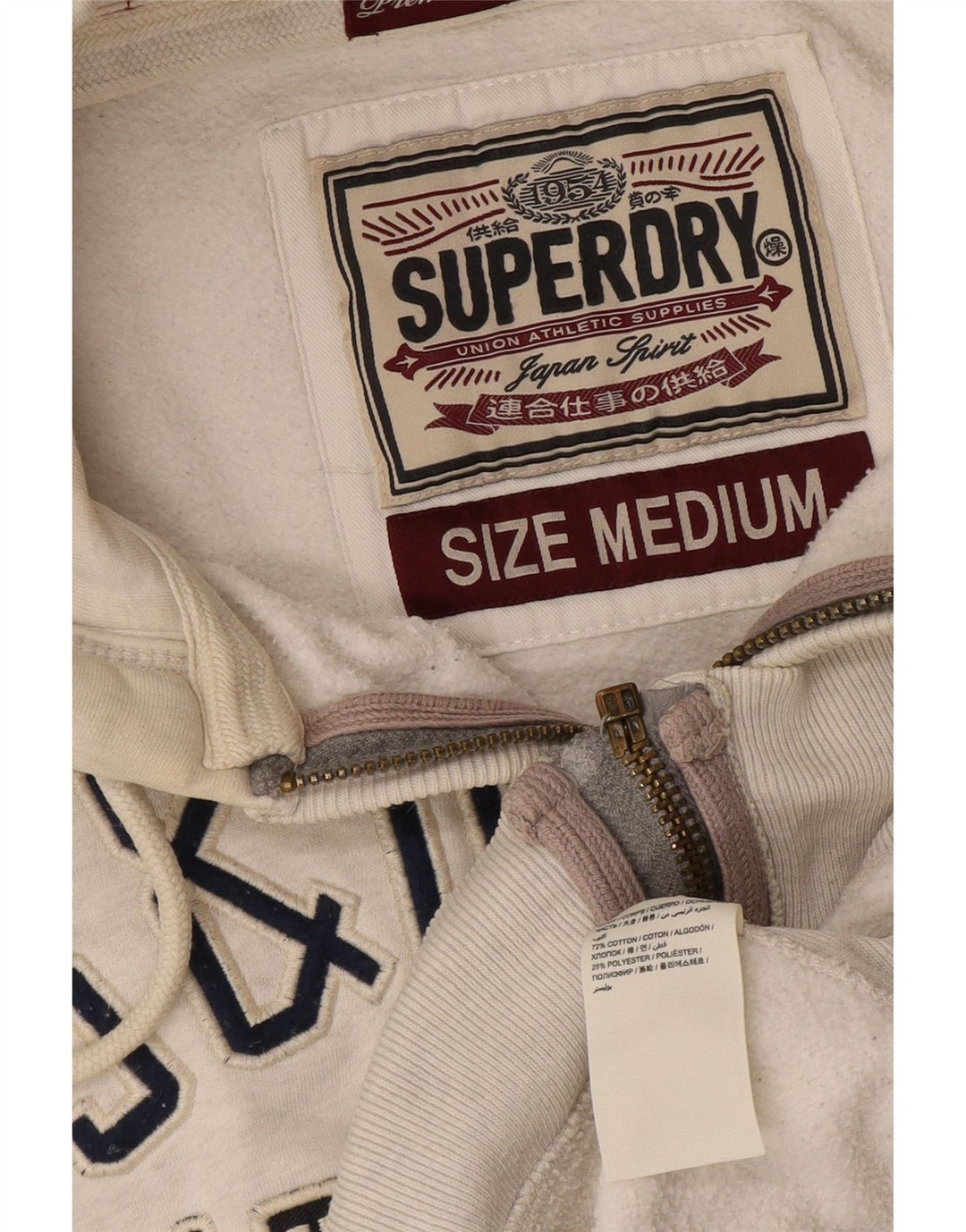 Pulover Superdry pentru bărbați, cu fermoar grafic, bumbac alb mediu
