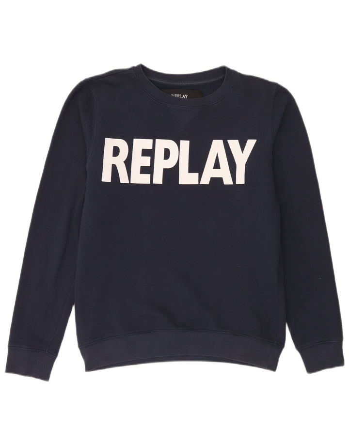 Hanorac grafic pentru bărbați Replay Pulover mediu din bumbac bleumarin