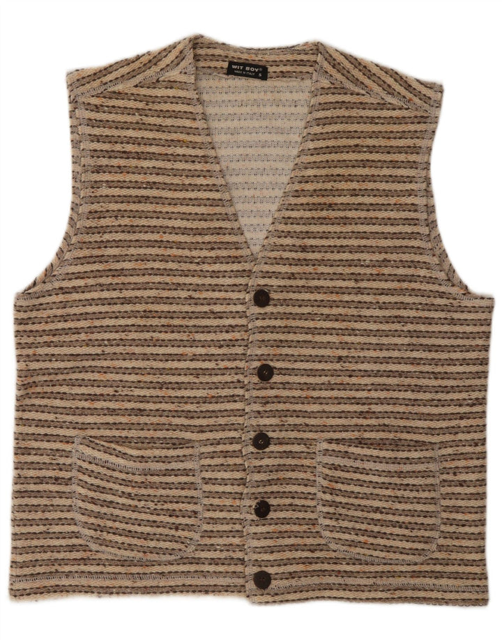 Pulover cardigan fără mâneci pentru bărbați Wit Boy, lână cu dungi mici, bej