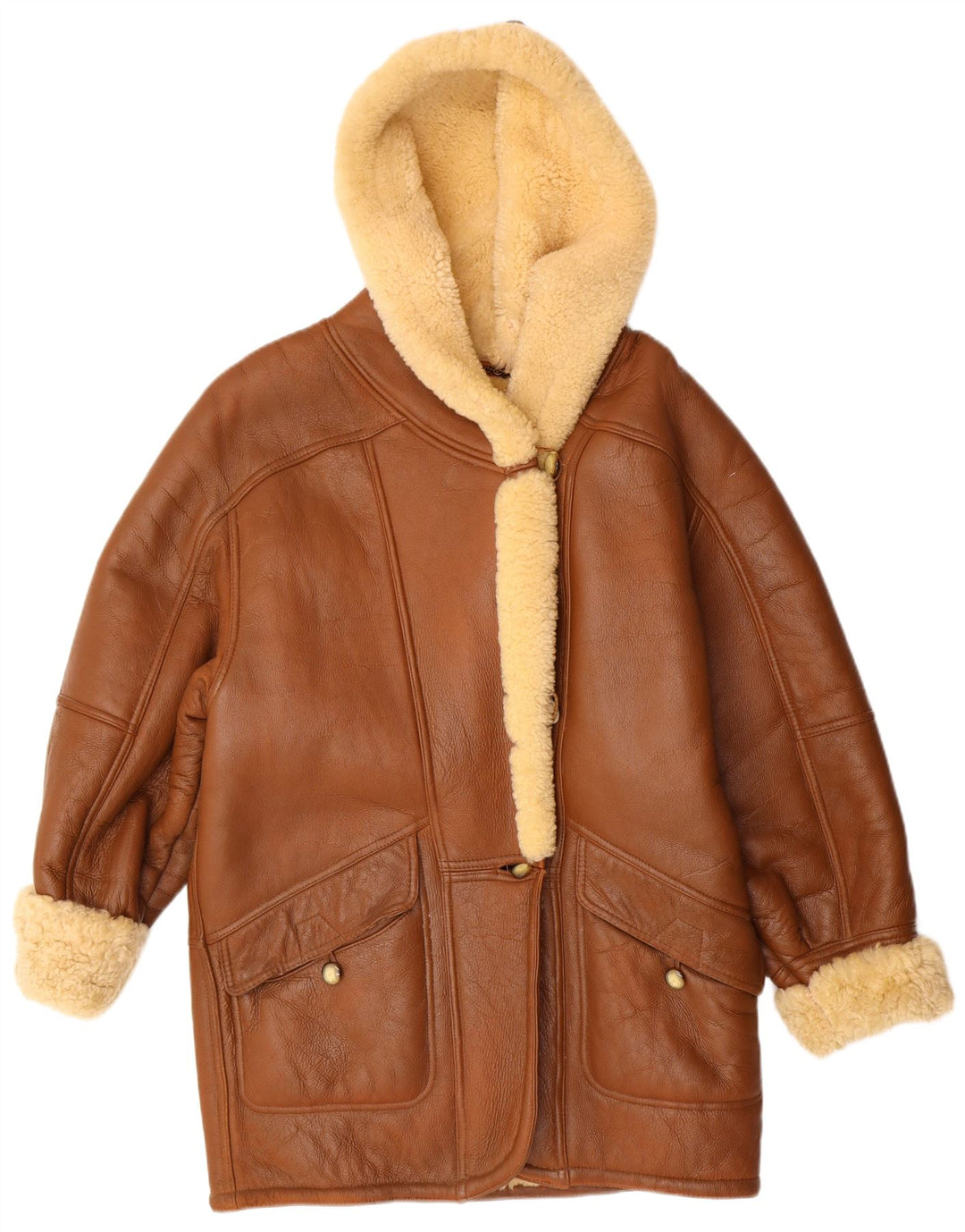 Palton din shearling pentru femei VINTAGE cu glugă UK 16 mare, bej, clasic