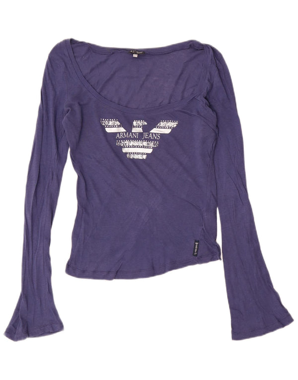 Armani Jeans Crop Graphic Top pentru femei cu mânecă lungă UK 14 Bumbac albastru mediu