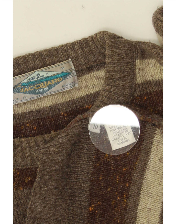 Pulover vintage pentru bărbați cu gâtul turnat, lână cu dungi kaki, mediu